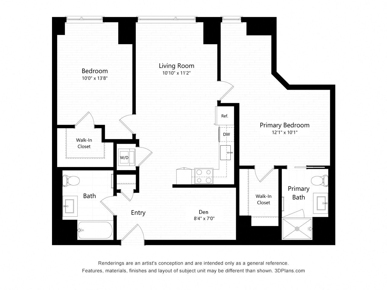 Floor plan for 3 beds, 2 baths, 1053 sqft